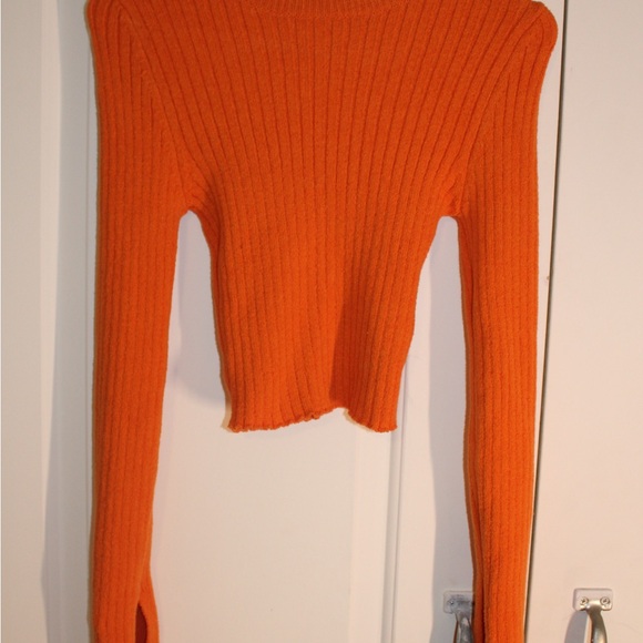 Zara Ribbed Long-Sleeve Cropped Sweater in Bright Orange - Picture 7 of 7